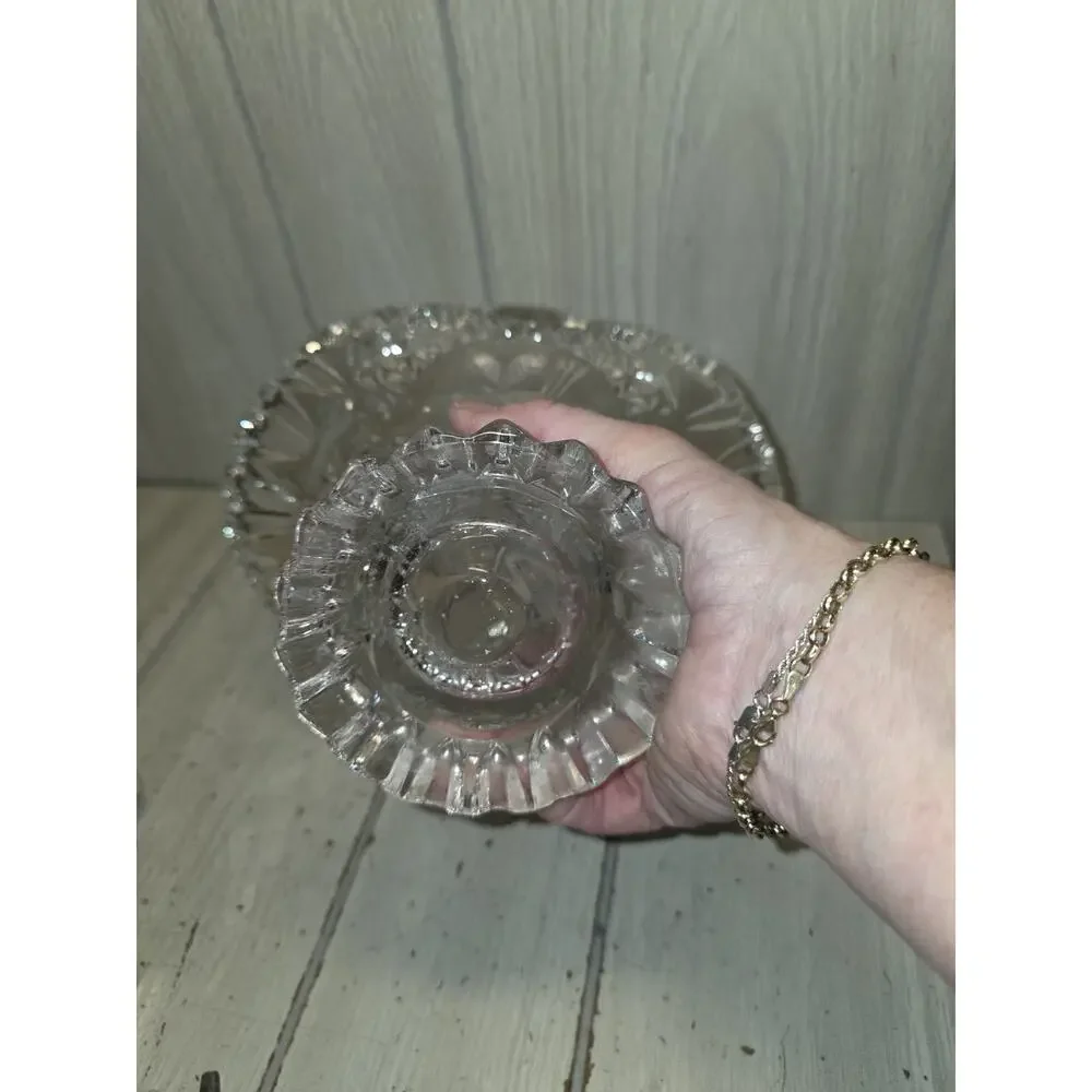 Vtg Hofbauer Byrdes Crystal Basket Etched Birds Large Handled Sawtooth Edge